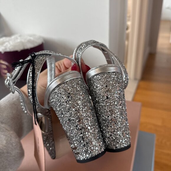 NWT Miu Miu Platform Ankle Strap Sandals Silver Glitter Crisscross Straps Sz 36 - Picture 10 of 11